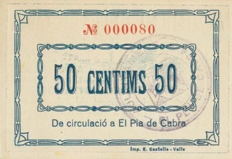Реверс банкноты 50 centymów El Pla de Cabra (Hiszpania) 1937