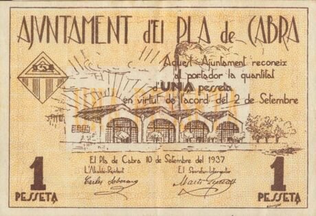 Аверс банкноты 1 песета Эль Пла де Кабра (Испания) 1937 года