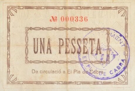 Реверс банкноты 1 песета Эль Пла де Кабра (Испания) 1937 года