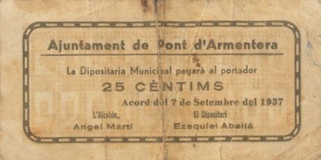 Аверс банкноты 25 сантимов Пон д'Арментера (Испания) 1937 года