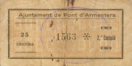 Реверс банкноты 25 сантимов Пон д'Арментера (Испания) 1937 года