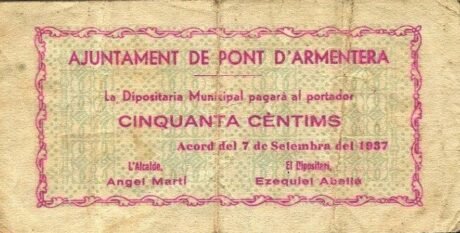 Аверс банкноты 50 сантимов Пон д'Арментера (Испания) 1937 года