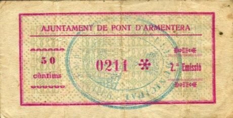 Реверс банкноты 50 сантимов Пон д'Арментера (Испания) 1937 года