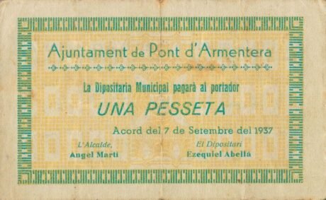 Аверс банкноты 1 peseta Pont d'Armentera (Hiszpania) 1937