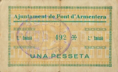 Реверс банкноты 1 peseta Pont d'Armentera (Hiszpania) 1937