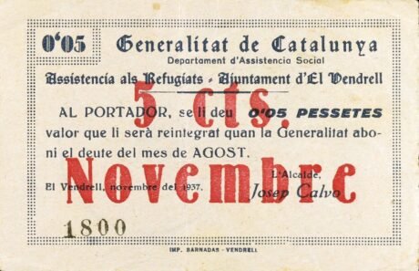 Аверс банкноты 5 сантимов Эль Вендрел (Испания) 1937 года