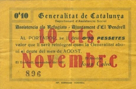 Аверс банкноты 10 сантимов Эль Вендрел (Испания) 1937 года