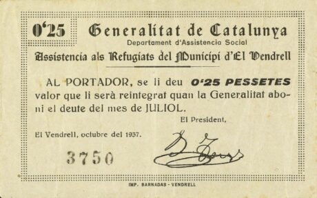 Awers banknotu 0,25 pesety El Vendrell (Hiszpania) 1937