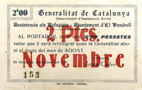 Аверс банкноты 2 песеты Эль Вендрел (Испания) 1937 года