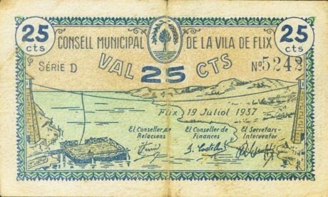Аверс банкноты 25 сантимов Фликс (Испания) 1937 года