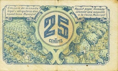 Реверс банкноты 25 сантимов Фликс (Испания) 1937 года