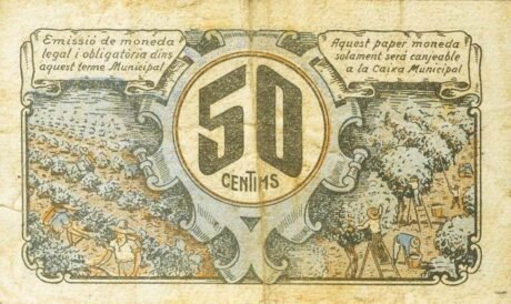 Реверс банкноты 50 сантимов Фликс (Испания) 1937 года