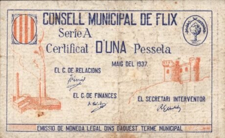 Аверс банкноты 1 peseta Flix (Spain) 1937