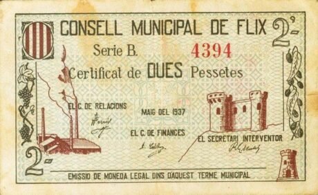 Аверс банкноты 2 pesetas Flix (Spain) 1937