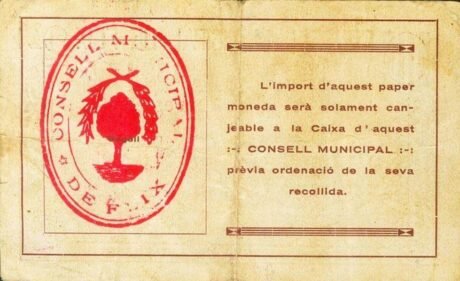 Реверс банкноты 2 pesetas Flix (Spain) 1937