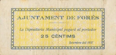 Аверс банкноты 25 сантимов Форес (Испания) 1937 года