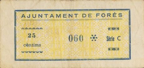 Реверс банкноты 25 сантимов Форес (Испания) 1937 года