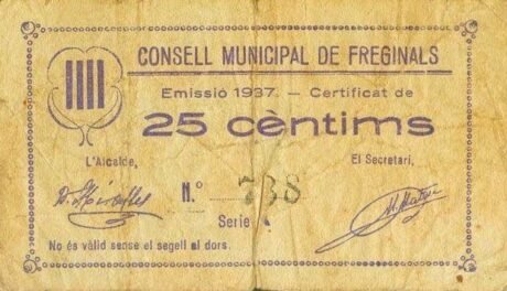 Аверс банкноты 25 сантимов Фреджинальс (Испания) 1937 года