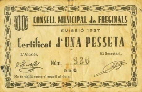 Аверс банкноты 1 peseta Freginals (Hiszpania) 1937