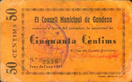 Аверс банкноты 50 сантимов Гандеса (Испания) 1937 года