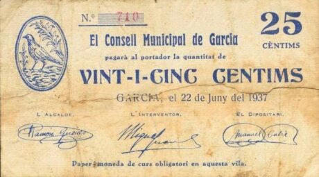 Аверс банкноты 25 сантимов Гарсия (Испания) 1937 года