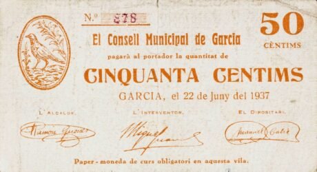 Аверс банкноты 50 сантимов Гарсия (Испания) 1937 года