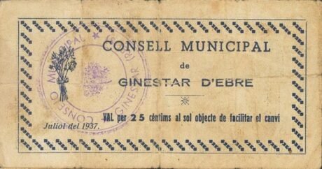 Аверс банкноты 25 сантимов Джинестар д'Эбре (Испания) 1937 года