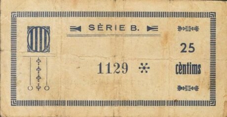 Реверс банкноты 25 сантимов Джинестар д'Эбре (Испания) 1937 года