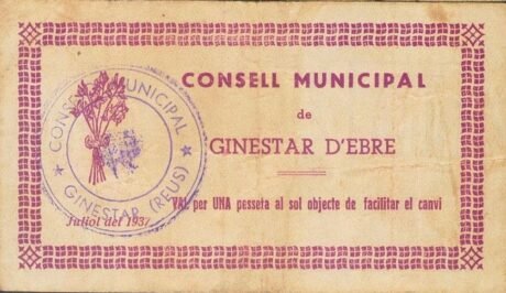 Аверс банкноты 1 peseta Ginestar d'Ebre (Hiszpania) 1937