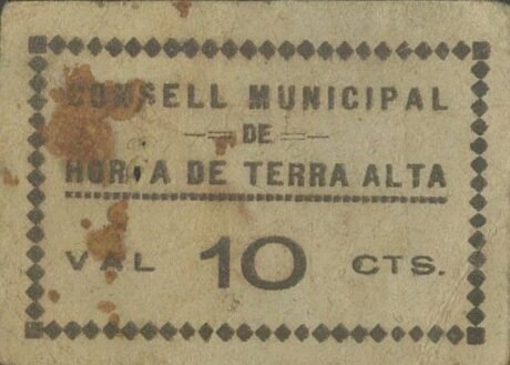 Аверс банкноты 10 сентимошей Орта де Терра Альта (Испания)