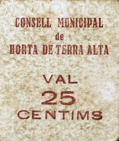 Аверс банкноты 25 сантимов Орта де Терра Альта (Испания) 1937 года