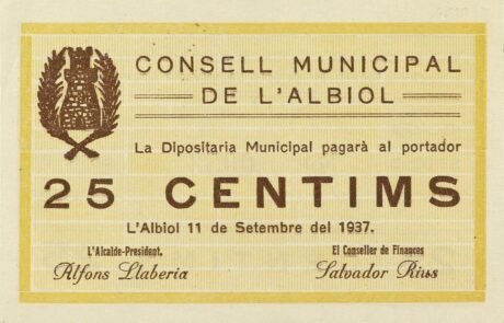 Аверс банкноты 25 centymów L'Albiol (Hiszpania) 1937