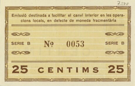 Реверс банкноты 25 centymów L'Albiol (Hiszpania) 1937