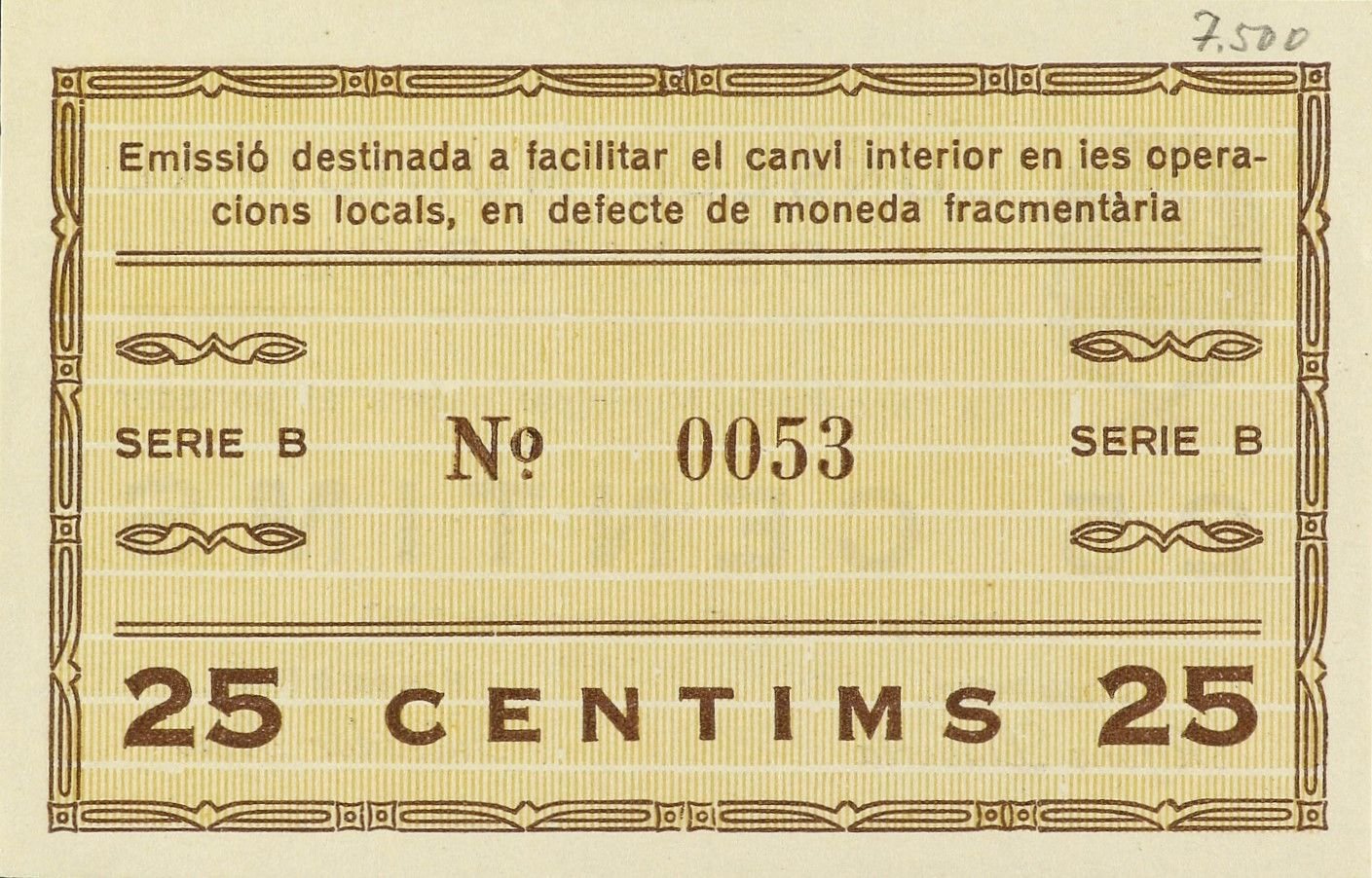 Реверс банкноты 25 сантимов Л'Альбиоль (Испания) 1937 года