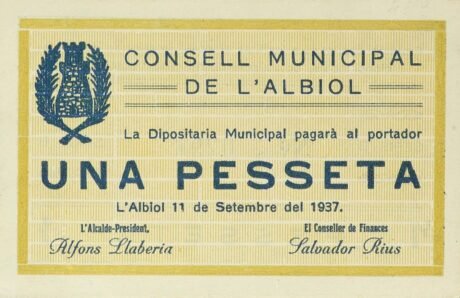 Аверс банкноты 1 peseta L'Albiol (Hiszpania) 1937
