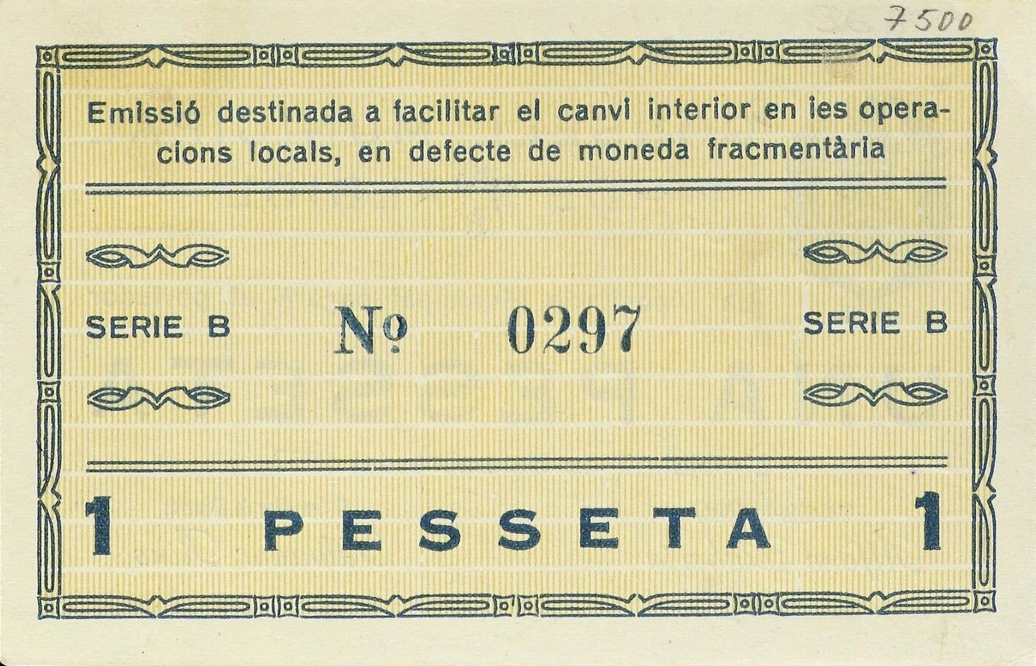 Реверс банкноты 1 песета Л'Альбиоль (Испания) 1937 года