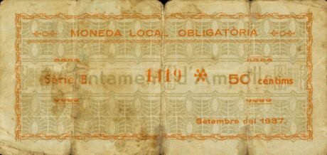 Реверс банкноты 50 сантимов Амполья (Испания) 1937 года
