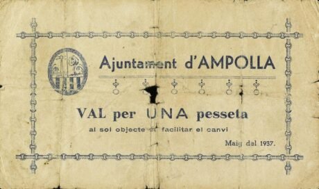 Аверс банкноты 1 песета Амполья (Испания) 1937 года