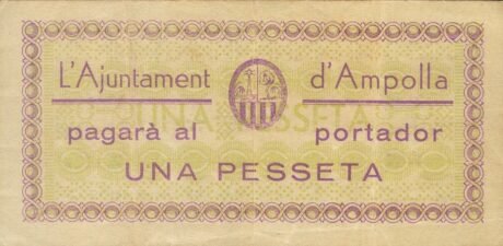 Аверс банкноты 1 песета Амполья (Испания) 1937 года