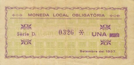 Реверс банкноты 1 песета Амполья (Испания) 1937 года