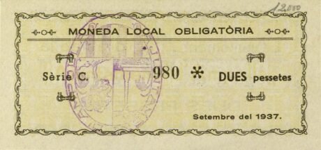 Реверс банкноты 2 песеты Амполья (Испания) 1937 года