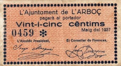 Аверс банкноты 25 centymów L'Arbos (Hiszpania) 1937