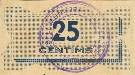 Реверс банкноты 25 centymów L'Arbos (Hiszpania) 1937