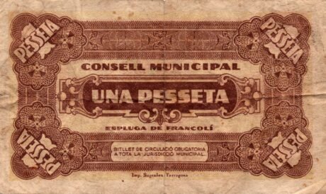 Реверс банкноты 1 peseta Espluga de Francoli (Hiszpania) 1937