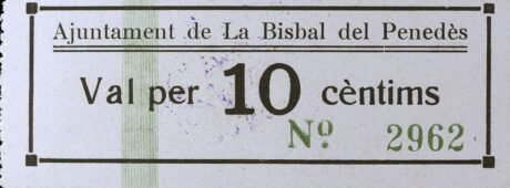 Аверс банкноты 10 centymów La Bisbal del Penedes (Hiszpania)