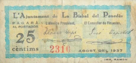 Аверс банкноты 25 centymów La Bisbal del Penedes (Hiszpania) 1937