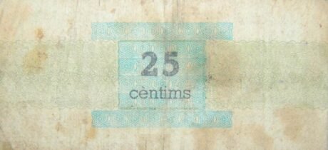 Реверс банкноты 25 centymów La Bisbal del Penedes (Hiszpania) 1937