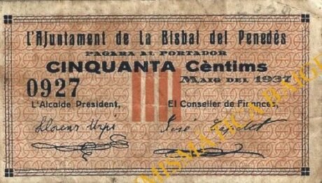 Аверс банкноты 50 сантимов Ла Бисбаль дель Пенедес (Испания) 1937 года