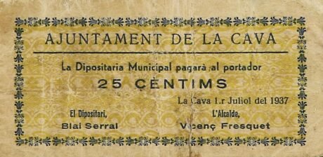 Аверс банкноты 25 centymów La Cava (Hiszpania) 1937