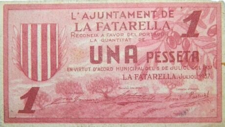 Аверс банкноты 1 песета ла фатарелла (Испания) 1937 года